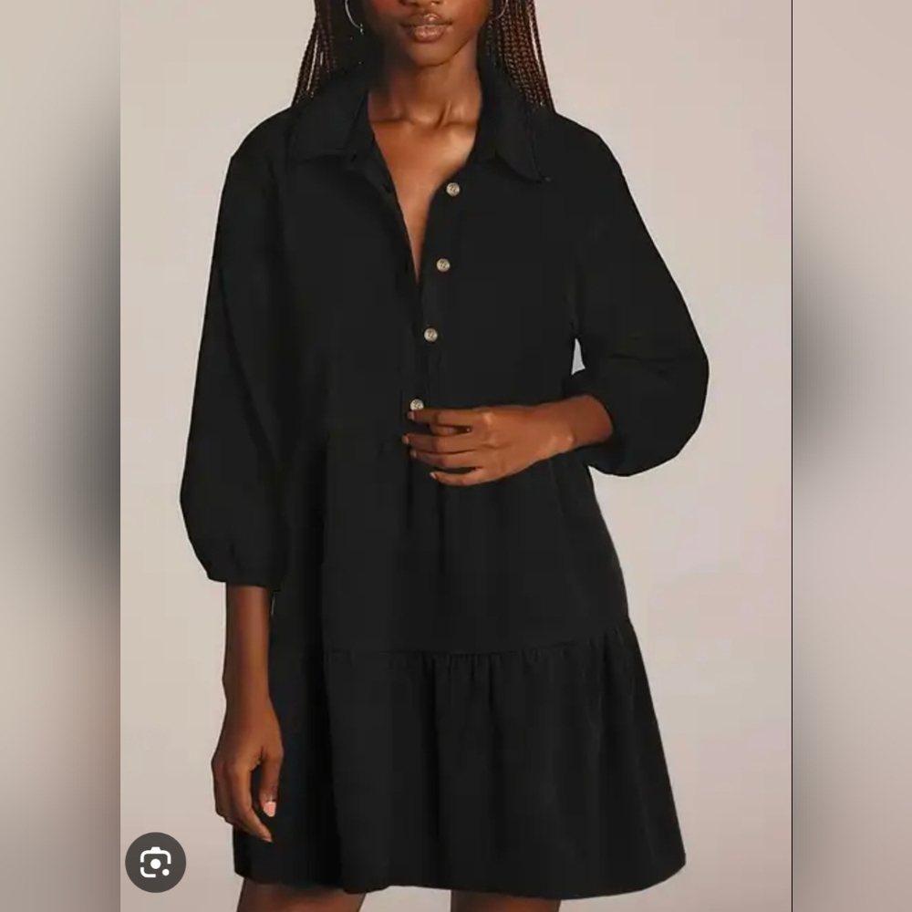 Black Tiered Mini Shirtdress 3/4 Sleeves Relaxed Fit Maternity Sz S Casual New